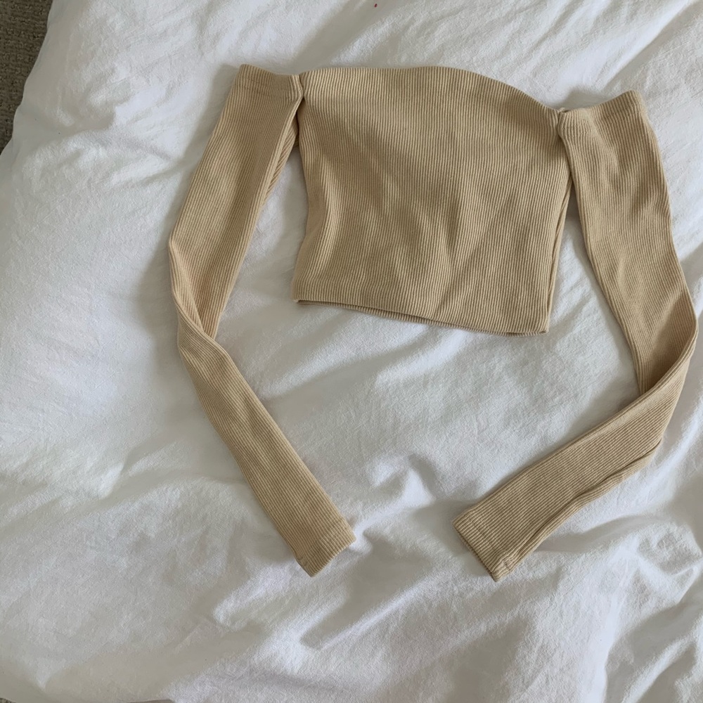 Cream long sleeve off shoulder crop top